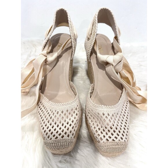 Zara Womens White Crochet Tie-Up Wedge Espadrilles Ankle Tie fastening Sz US 6.5 - Picture 6 of 12